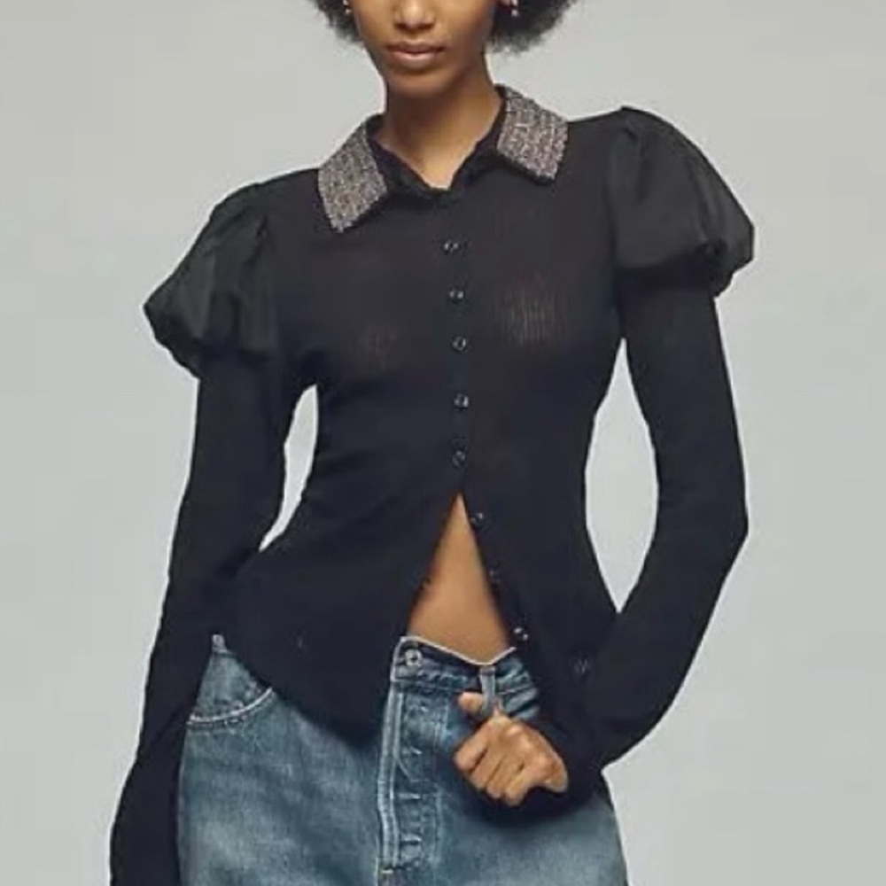 Anthropologie Maeve Puff Sleeve Button-down Black Blouse Medium NWOT